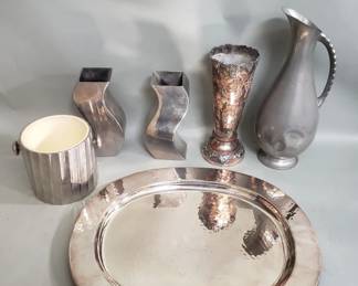 756  Lot 397  Group of silver plate and pewter ice bucket,