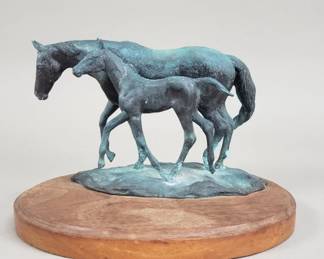 247  Lot 585  Signed vintage bronze horse figurine on a wood