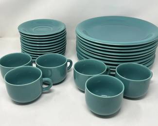 291  Lot 398  Group of teal ceramic plates, teacups and saucers