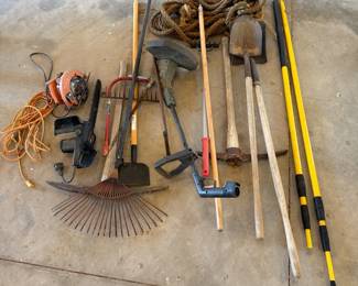Lot #227- Yard & Garden Tool Group with Rakes, Shovels & Electric Trimmers