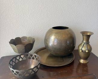 Lot #6- Brass Decor Group with Vases, Bowls & Round Tray