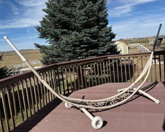 Lot #155- Metal Hammock Stand with Scrollwork & Transport Wheels