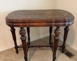 Lot #40- Ornate Wood Accent Table with Inlaid-Style Top & Turned Legs