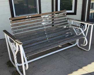 Lot #157- Outdoor Glider Bench with Slatted Seat & Scrollwork Frame