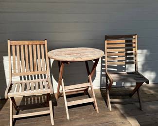 Lot #153- Wood Patio Bistro Table & Two Folding Chairs