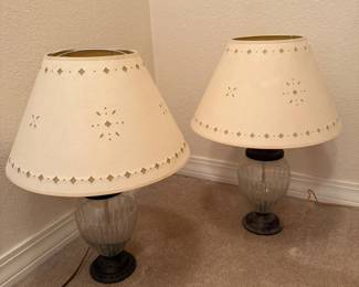 Lot #5- Pair of Ribbed Glass Table Lamps with Decorative Shades