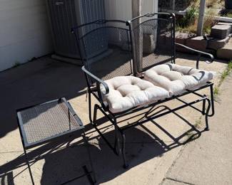 Lot #158- Metal Patio Loveseat Glider & Side Table with Cushions