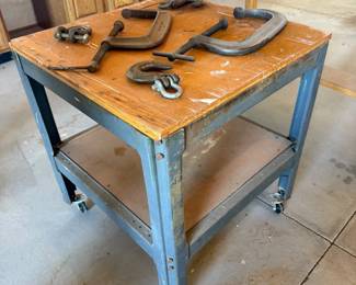 Lot #207- Rolling Workshop Table with C-Clamps & Rigging Hardware