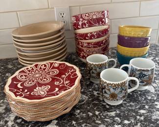 Lot #56- Mixed tableware & Pier 1 Maribeth Dishware, Portuguese Bowls & Floral Mugs