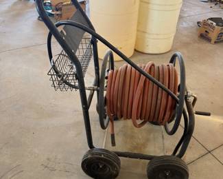 Lot #233- Garden Hose Reel Cart with Hose & Storage Basket