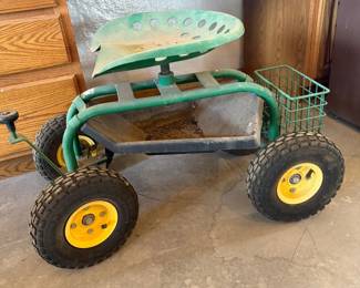 Lot #216- Rolling Garden Seat Cart with Basket & Tool Tray