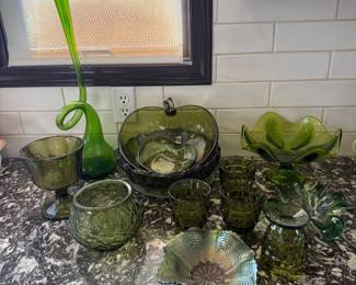 Lot #59- Green Glass Collection with Apple Bowls, Goblets & Ruffled Dishes