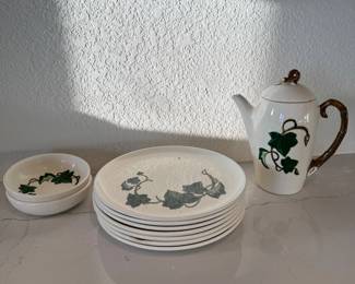 Lot #144- Metlox Poppytrail California Ivy Coffee Pot, Plates & Bowls