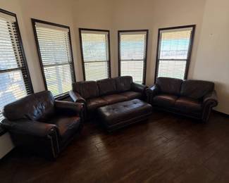 Lot #92- Brown Sofa, Loveseat, Armchair & Tufted Ottoman Set
