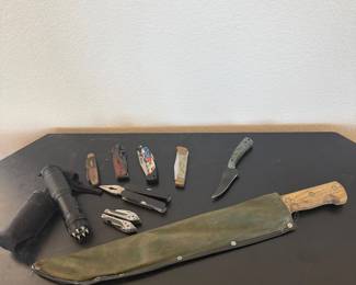 Lot #109- Assorted Knives, Machete, Multi-Tools & ZAP Stun Flashlight