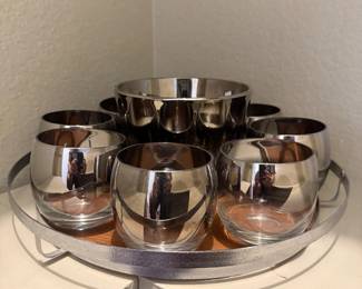 Lot #72- Silver-Band Glass Tumblers with Ice Bucket & Round Tray