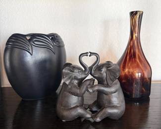 Lot #46- Black Leaf-Relief Vase, Amber Glass Vase & Elephant Figurine