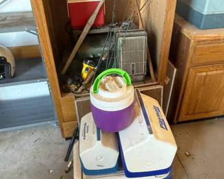 Lot #198- Camping & Fishing Gear with Rods, Coolers & Folding Table