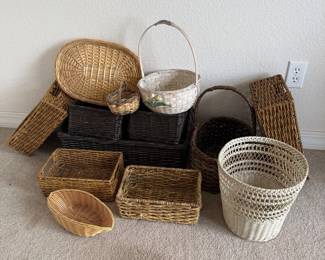 Lot #31- Woven Storage Baskets, Serving Trays & White Wicker Wastebasket