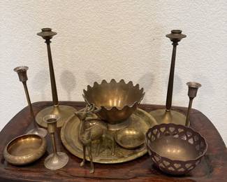 Lot #120- Brass-Tone Candlesticks, Bowls, Tray & Deer Figurine