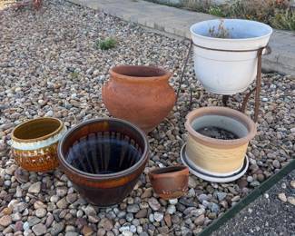 Lot #179- Assorted Garden Planters, Terracotta Pots & Metal Plant Stand