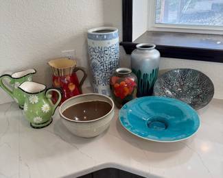 Lot #142- Decorative Pitchers, Vases, Bowls & Floral Covered Jar