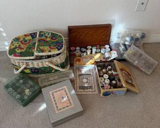 Lot #34- Sewing Notions & Thread Collection with Floral Sewing Basket