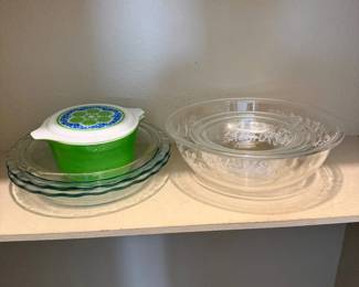 Lot #65- Green Pyrex Covered Casserole & Clear Glass Bakeware