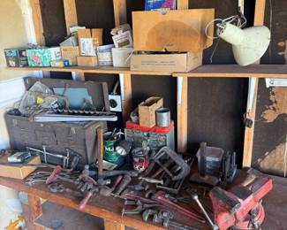 Lot #161- Workshop Hand Tools, Bench Vise, Clamps & Hardware