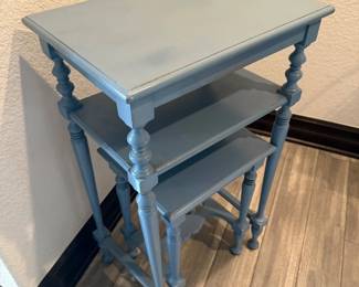 Lot #135- Blue-Gray Painted Nesting Tables with Turned Legs