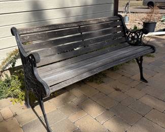 Lot #147- 50-Inch Garden Bench with Slatted Seat & Decorative Metal Arms