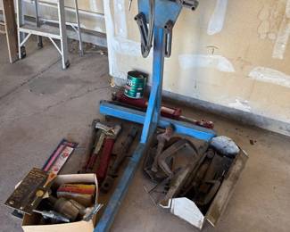 Lot #166- Engine Stand, Hydraulic Ram, Grease Guns & Assorted Shop Tools