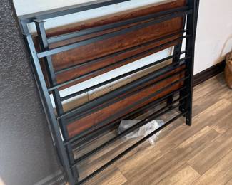 Lot #128- Twin Bed Frame with Black Metal & Brown Wood-Look Panels