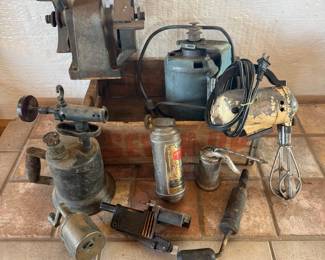 Lot #214- Workshop Tool Assortment with Grinder, Blowtorch & Oilers
