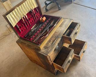 Lot #168- Wooden Six-Drawer Tool Chest & Cased Drill-Bit Set