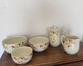 Lot #77- Hall Autumn Leaf Coffee Pot, Creamer & Three Bowls