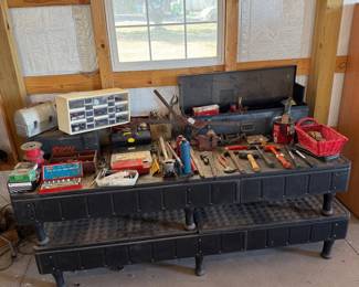 Lot #238- Workshop Hand Tool Collection with Bench Vise & Bottle Jacks