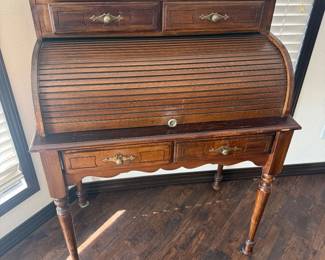 Lot #53- Compact Wood Roll-Top Writing Desk with Drawers