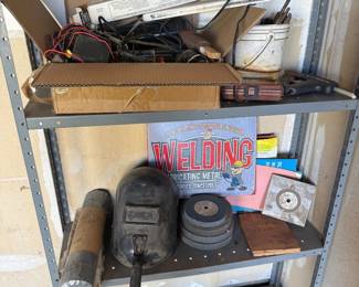 Lot #163- Welding & Workshop Supplies with Helmet, Grinding Wheels & Gauges