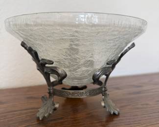 Lot #75- Crackle-Style Glass Bowl with Ornate Metal Stand