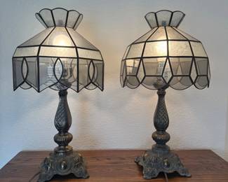 Lot #84- Pair of Brass Table Lamps with Paneled Glass Shades