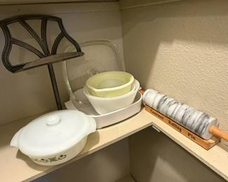 Lot #71- Mixing Bowls, Covered Casserole, Marble Rolling Pin & Book Stand