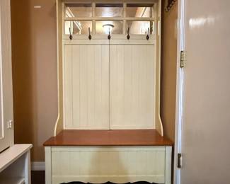 Lot #107- Two-Tone Hall Tree with Mirror, Coat Hooks & Storage Bench