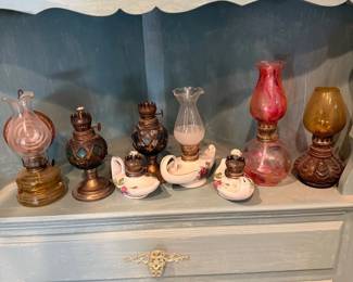Lot #118- Assorted Miniature Oil Lamps with Colored Glass & Floral Bases