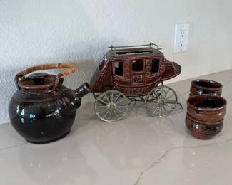 Lot #145- Stagecoach Ornament & Brown Glazed Teapot with Two Cups