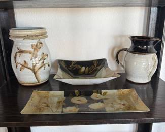 Lot #45- Ceramic Vase & Pitcher with Floral Glass Serving Dishes