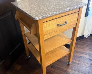 Lot #103- Rolling Kitchen Cart with Speckled Top, Drawer & Shelves