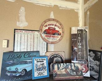 Lot #164- Garage Wall Décor with 1956 Chevy Sign, Route 66 Arrow & Clock
