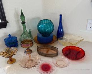 Lot #143- Colored Glass Décor with Decanter, Vases & Compotes