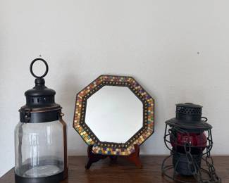 Lot #83- Decorative Lantern Pair & Octagonal Mosaic Mirror